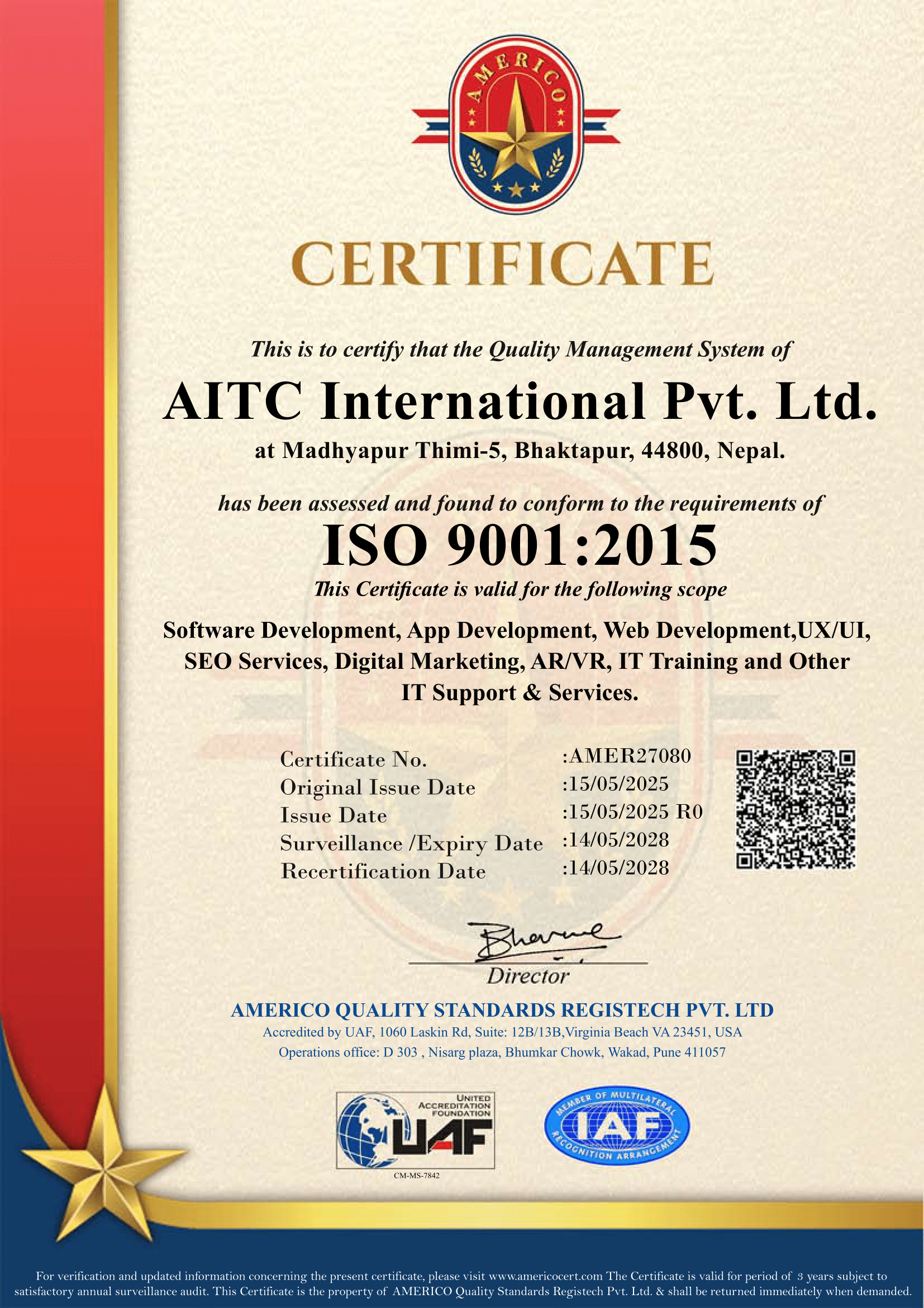 AITC International ISO 9001:2005 certificate